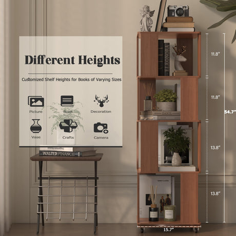 4 Tier Solid Wood Rotating Bookshelf Tower on Wheels, 360° Upgrade Spinning Book Shelf, Revolving Bookcase Organizer, Swivel Bookshelves for Small Spaces, Corner, Bedroom, Kids Room, Office (Walnut) Easyego