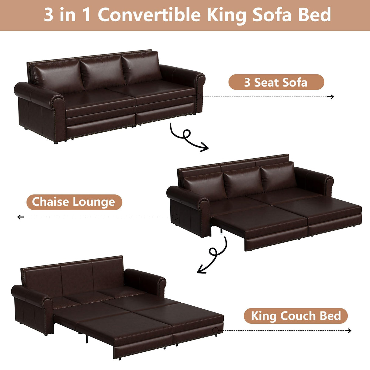Tmsan 93.7" King Pull Out Sofa Bed, 3 in 1 Convertible Sleeper Sofa, 3 Seat Couch with Nailhead Trim & Rolled Arm for Living Room, Apartment, Dark Brown PU Leather Tmsan