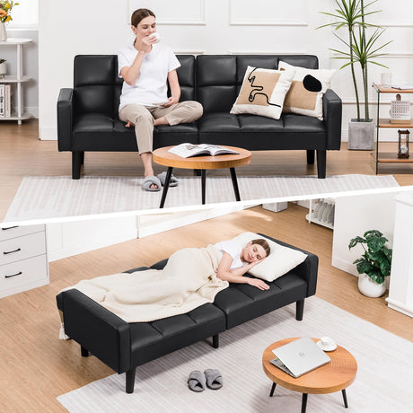 COMHOMA 76 inch Futon Sofa Bed,Mid Century Modern Futon Couch with Adjustable Backrest,Fabric Convertible Sofa Cama,Folding Sleeper Sofa for Living Room,Bedroom (Black) COMHOMA