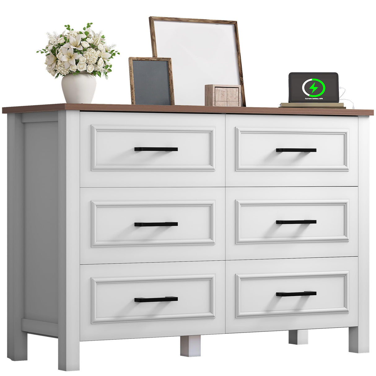 YITAHOME 6-Drawer Dresser with Built-in Power Outlet, Wood TV Stand with 6 Large Drawers & Bar Handles, Dresser Chest of Drawers for Entryway Living Room Hallway, White & Walnut YITAHOME
