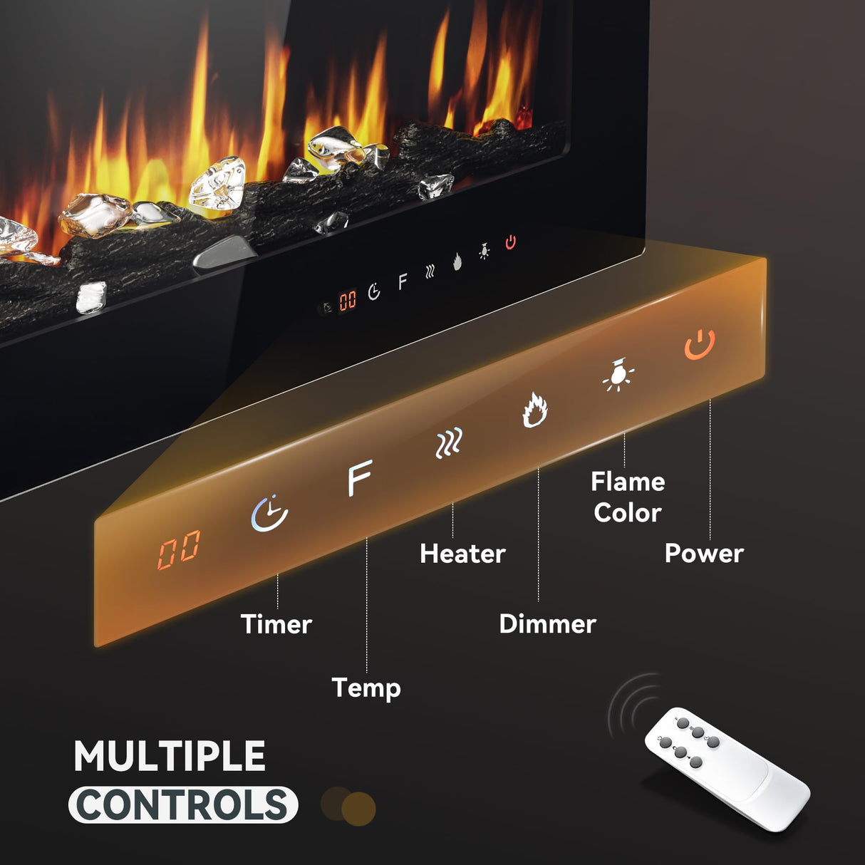 EUHOMY 50 Inch Electric Fireplace Wall Recessed and Wall Mounted with Adjustable Flame Color, Fireplace Heater with Remote Control, Linear Fireplace with Timer, Touch Screen, Log & Crystal, 750/1500W EUHOMY