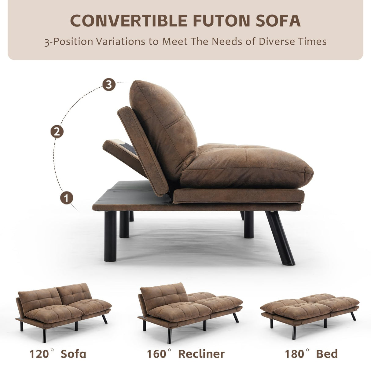 SoarFlash 67 Inch Futon Double Sofa Bed, 2 in 1 Velvet Loveseat with Adjustable Backrest Memory Foam Sofa for Living Room Bedroom Office Apartment Compact Couch(Brown) SoarFlash