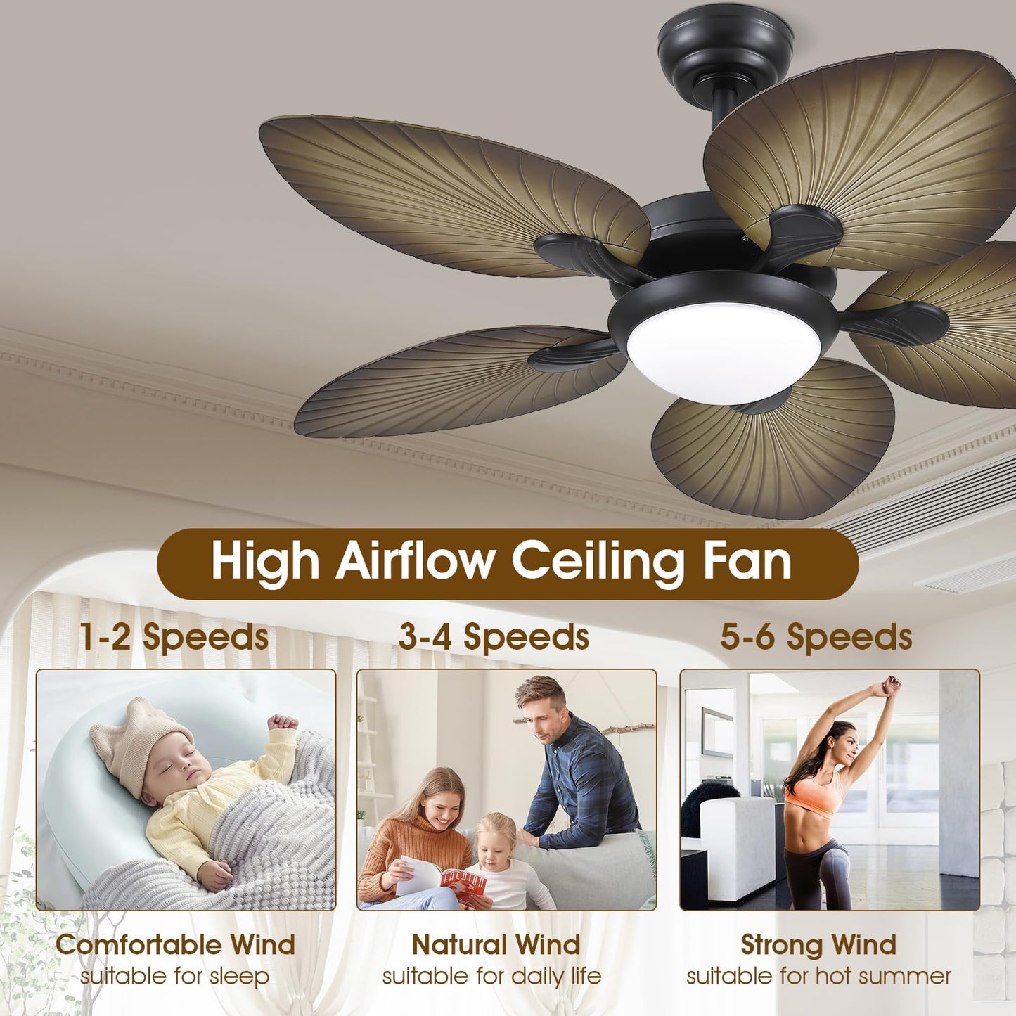 Wiviniya Tropical Ceiling Fans with Lights, 44 Inch Indoor Outdoor Palm Leaf Ceiling Fan for Patios Porch Bedroom, Remote/APP Control, Dimmable, 6 Speeds, Reversible, Wood Grain