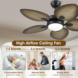 Wiviniya Tropical Ceiling Fans with Lights, 44 Inch Indoor Outdoor Palm Leaf Ceiling Fan for Patios Porch Bedroom, Remote/APP Control, Dimmable, 6 Speeds, Reversible, Wood Grain Wiviniya