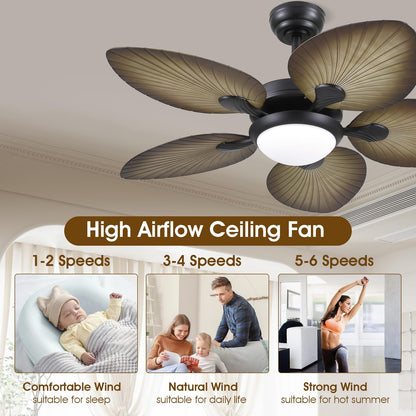 Wiviniya Tropical Ceiling Fans with Lights, 44 Inch Indoor Outdoor Palm Leaf Ceiling Fan for Patios Porch Bedroom, Remote/APP Control, Dimmable, 6 Speeds, Reversible, Wood Grain