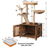 HOOBRO Cat Tree with Litter Box Enclosure, 44" Tall Wooden Cat Tower with Scratching Posts, Cat Hammock, Hidden Litter Box Furniture, All-in-One Indoor Cat Condo, Rustic Brown FG48MZ03 HOOBRO