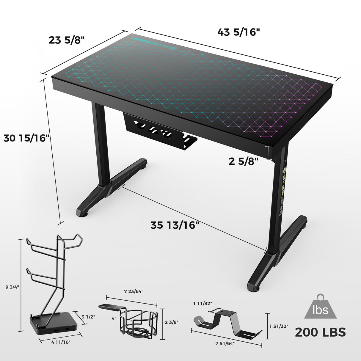 EUREKA ERGONOMIC RGB LED Gaming Desk, Music Sync Lights Up Tempered Glass Desktop, 43" GTG I43 Home Office Computer Table W Controller Rack 4 USB Charging Ports, APP Control EUREKA ERGONOMIC