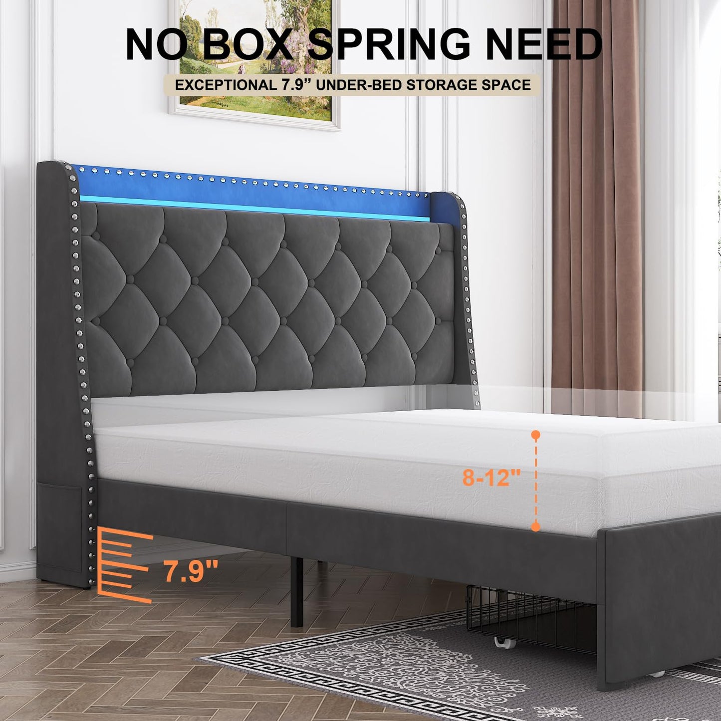 TIGUBFRE Dark Grey Upholstered Full Size Bed Frame with LED Lights and Storage Drawers - WoodArtSupply