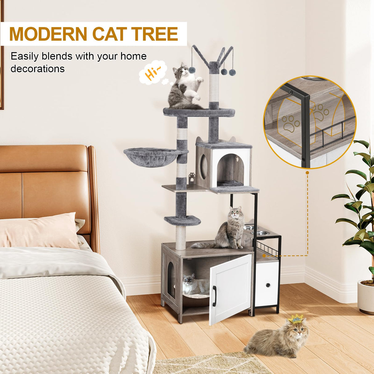 Snughome Cat Tree with Litter Box Enclosure, 3-in-1 Modern Cat Tower for Indoor Cats, 67.32’’ Hidden Cat Litter Box Furniture with Cat Condo, Food Station and Hammocks, All-in-one Cat Furniture Snughome