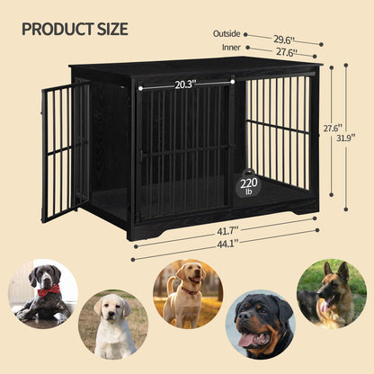 Hzuaneri Dog Crate Furniture, 44.1" Double Door Dog Crate with Barn Door, Dog Kennel Indoor, End Side Table Wooden Dog Crate for Small Medium Large Dog, Anti-Chew Anti-Escape, Black