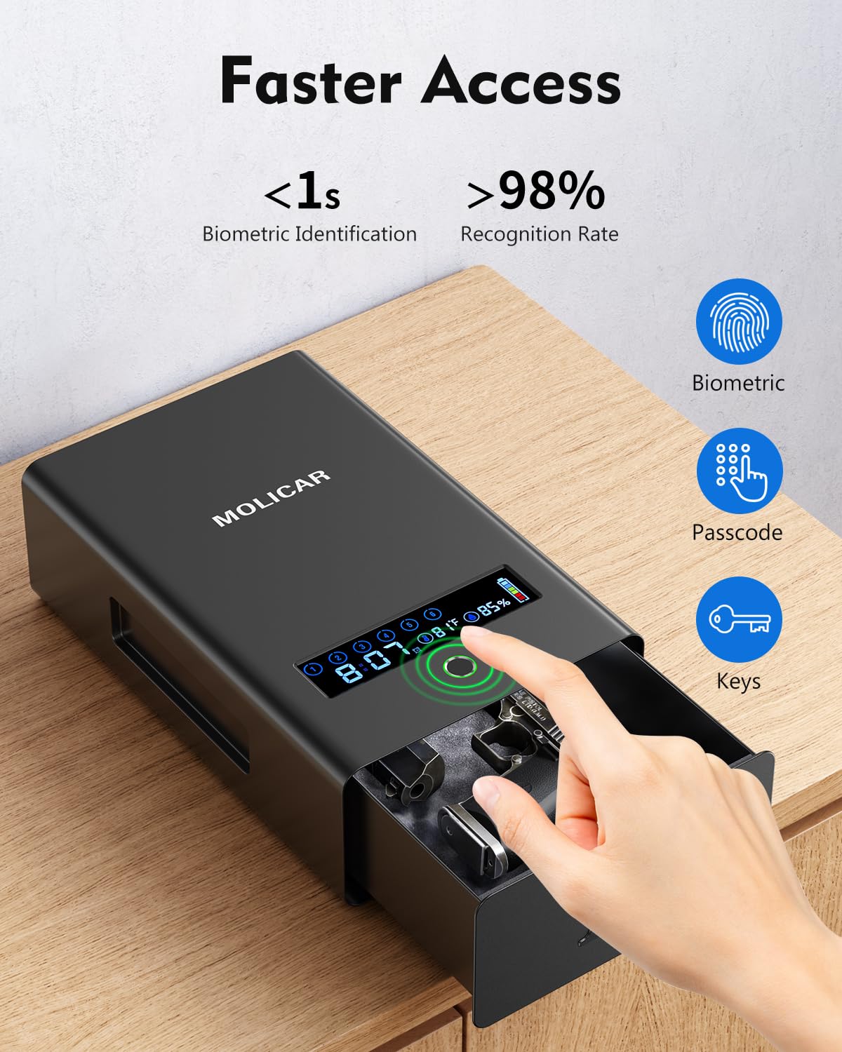 MOLICAR Gun Safe for Handgun, Alarm Clock Biometric Pistol Safe Fingerprint Handgun Safe with Touchscreen Keypad LCD of Temp, Humidity, 3 Ways Quick Access Slide Away Bedside Gun Safe for Nightstand