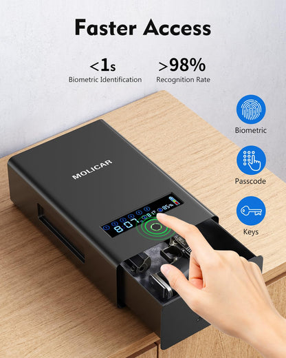 MOLICAR Gun Safe for Handgun, Alarm Clock Biometric Pistol Safe Fingerprint Handgun Safe with Touchscreen Keypad LCD of Temp, Humidity, 3 Ways Quick Access Slide Away Bedside Gun Safe for Nightstand