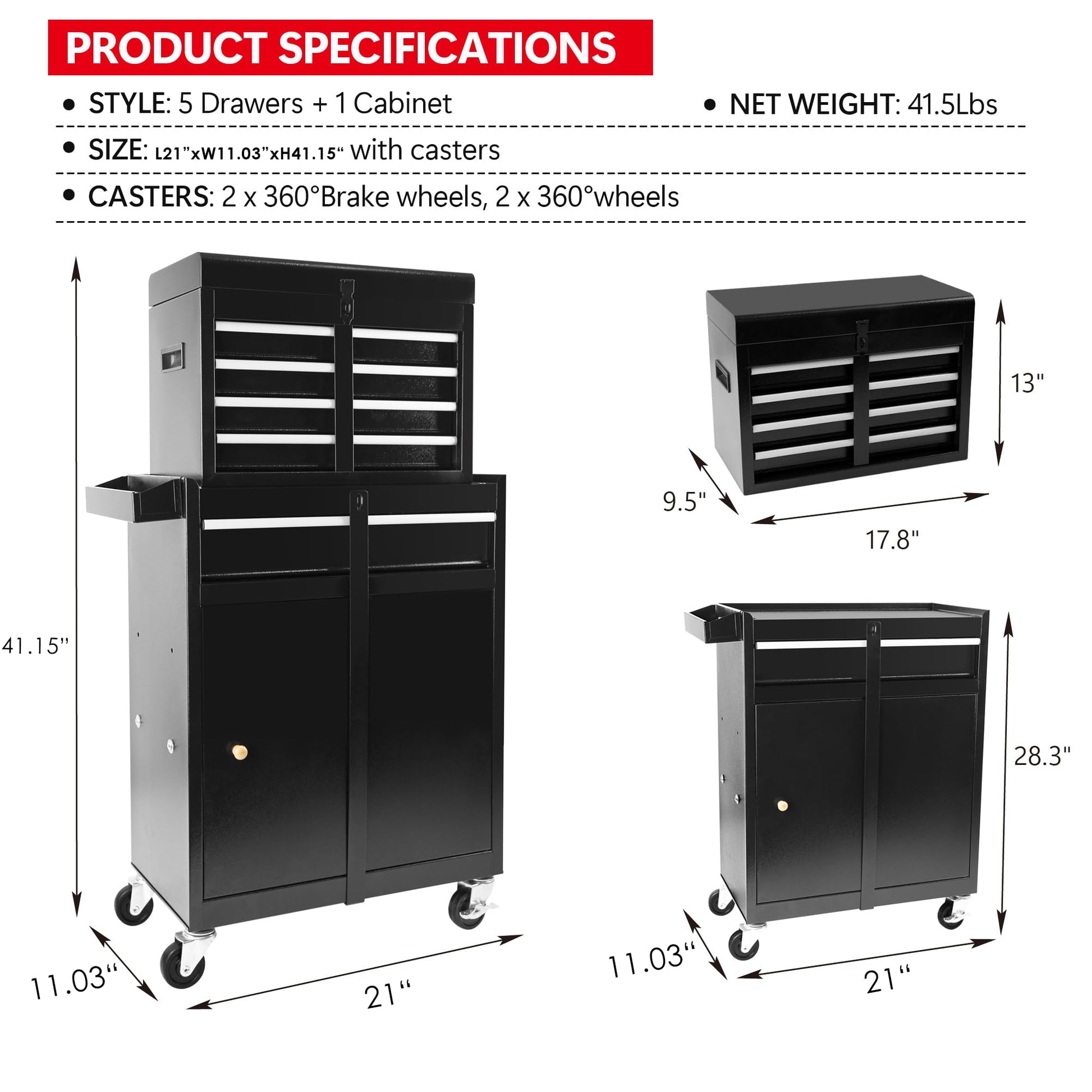 SumKea Tool Box with Wheels, 5 Drawer Tool Chest, Detachable Storage Cabinet Rolling Tool Box, Tool Box for Garage with and Side Handles for Garage Workshop, Blue Gray - WoodArtSupply