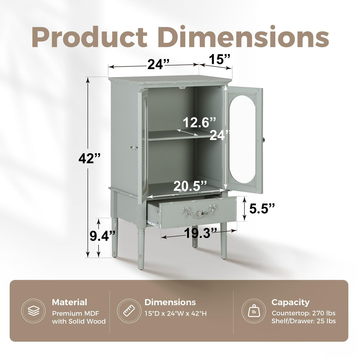 MAISON ARTS 42" Tall Accent Cabinet with 2 Glass Doors & 1 Drawer, Modern Farmhouse Kitchen Buffet Cabinets with Storage Living Room Entryway Cabinet Solid Wood Legs, Mint Green MAISON ARTS