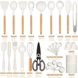 Silicone Cooking Kitchen Utensils Set, AIKKIL 28PCS White Cooking Utensils Set with Wooden Handles, Tongs, Spatula, Pasta Server, Kitchen Gadgets Tools Set For Non-Stick Cookware(BPA Free) AIKKIL