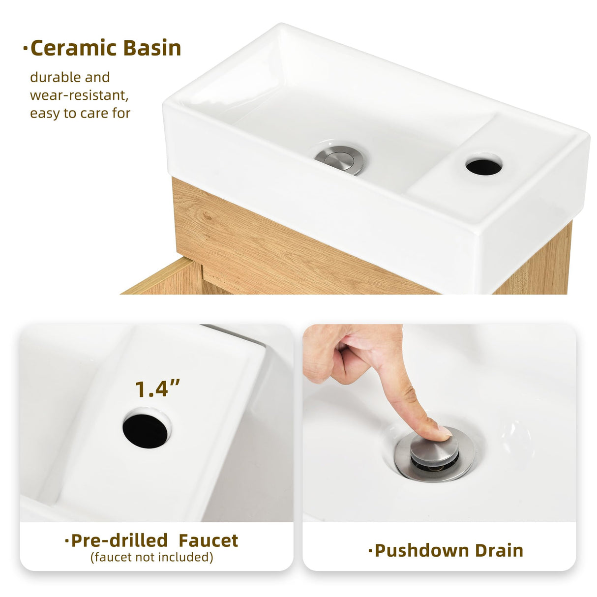 DWVO 16 Inch Bathroom Vanity Sink Combo for Small Space, Freestanding Bathroom Cabinet with Undermount Ceramic Sink, Modern Bathroom Storge Vanity Soft-Close Doors, Natural Brown DWVO