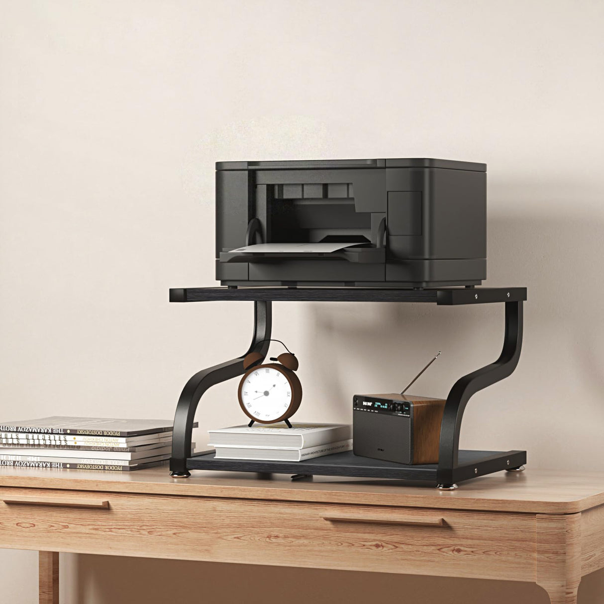 URLINE Printer Stand with Storage 2 Tier Desktop Shelf Printer Table Organizer Anti-Slip Heavy Duty Modern Wooden Shelf for Office Home,Black URLINE