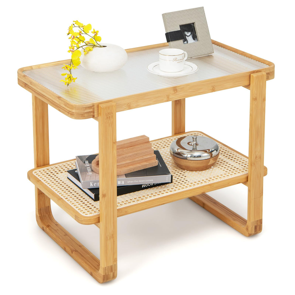 GOFLAME Bamboo Side Table with Glass Top, 2-Tier End Table with PE Rattan Storage Shelf, Home Sofa Side Table, Nightstand Bedside Table, Compact Coffee Table, Accent Table for Bedroom Living Room GOFLAME