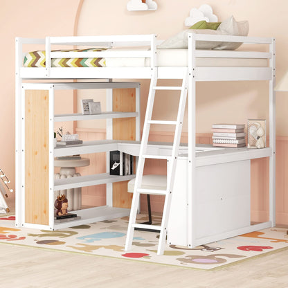 Versatile Full Size Loft Bed with Desk, Shelves, Drawer and Ladder – Solid Wood Frame in White - WoodArtSupply