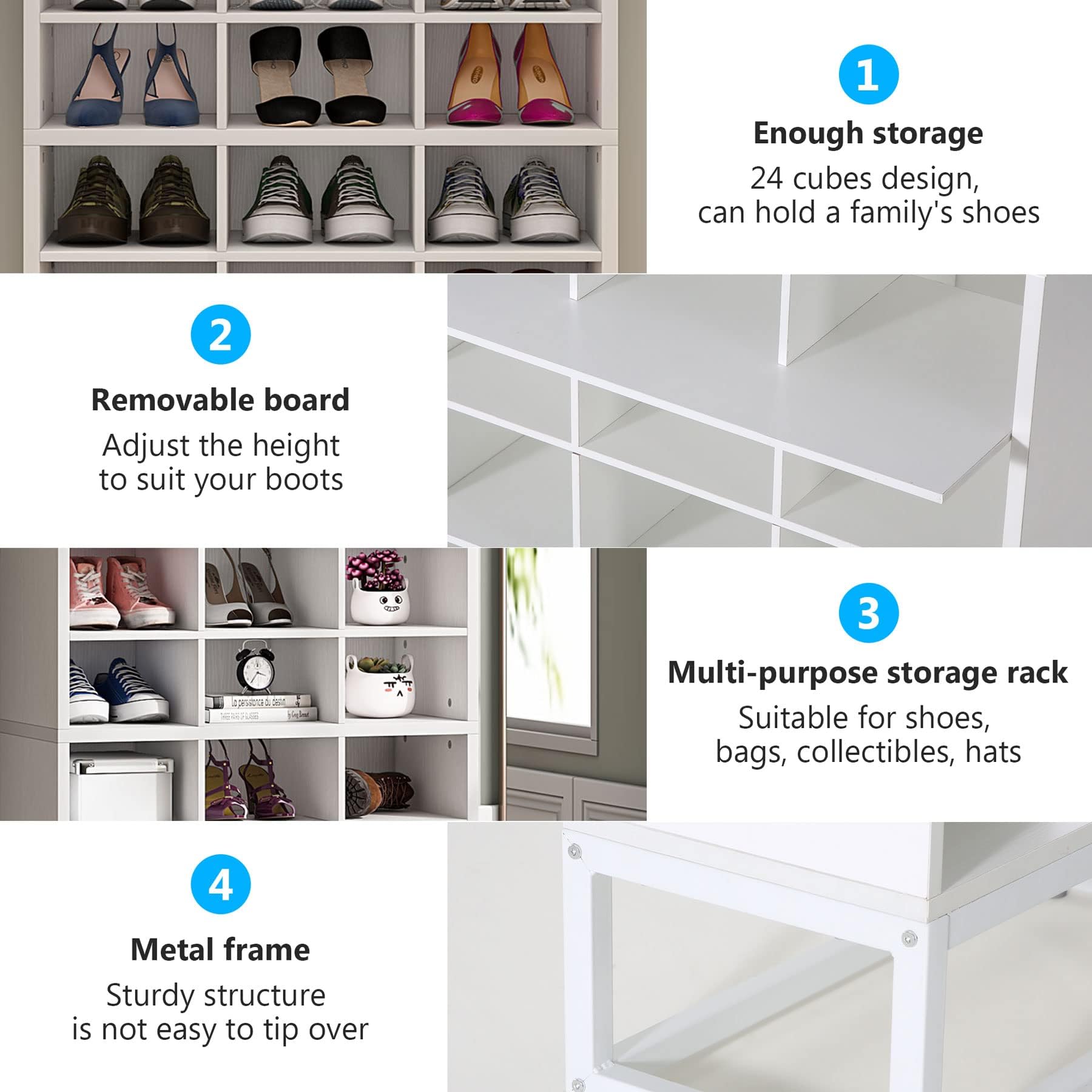 Tribesigns 8-Tier Shoe Storage Cabinet, White Wooden Shoe Rack with 24 Cubbies, Freestanding Tall Shoe Organizer with Adjustable Partition for Entryway, Closet, Living Room, White - WoodArtSupply