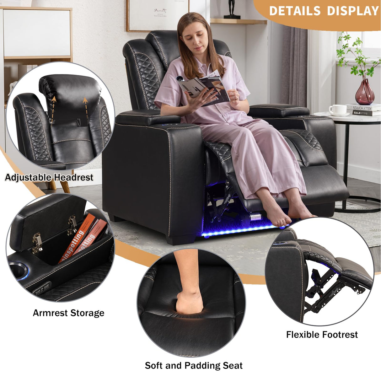 ANJ Power Home Theater Seating, PU Leather Electric Recliner Chair with Powered Headrest, Dual Motors Movie Reclining Chairs with LED Lights,USB Port, Cup Holders, Hidden Arm Storage (Black) ANJ