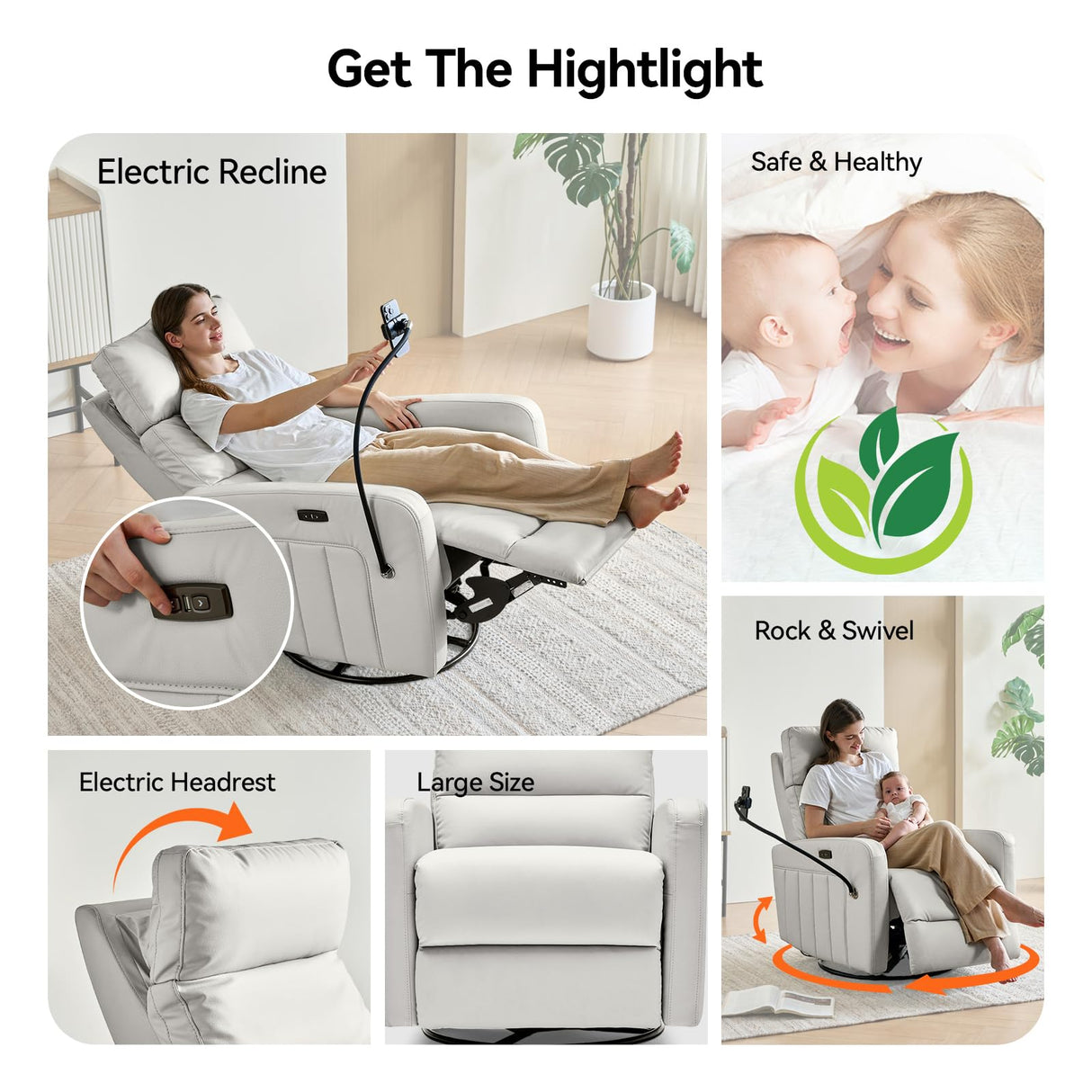 AIRSKY Power Recliner Chair, Oversized Swivel Rocker Recliner, Electric Recliner Chairs for Adults, Nursery Rocking Chairs, Lazy Boy Recliner Chair, P2 (Gray White) AIRSKY