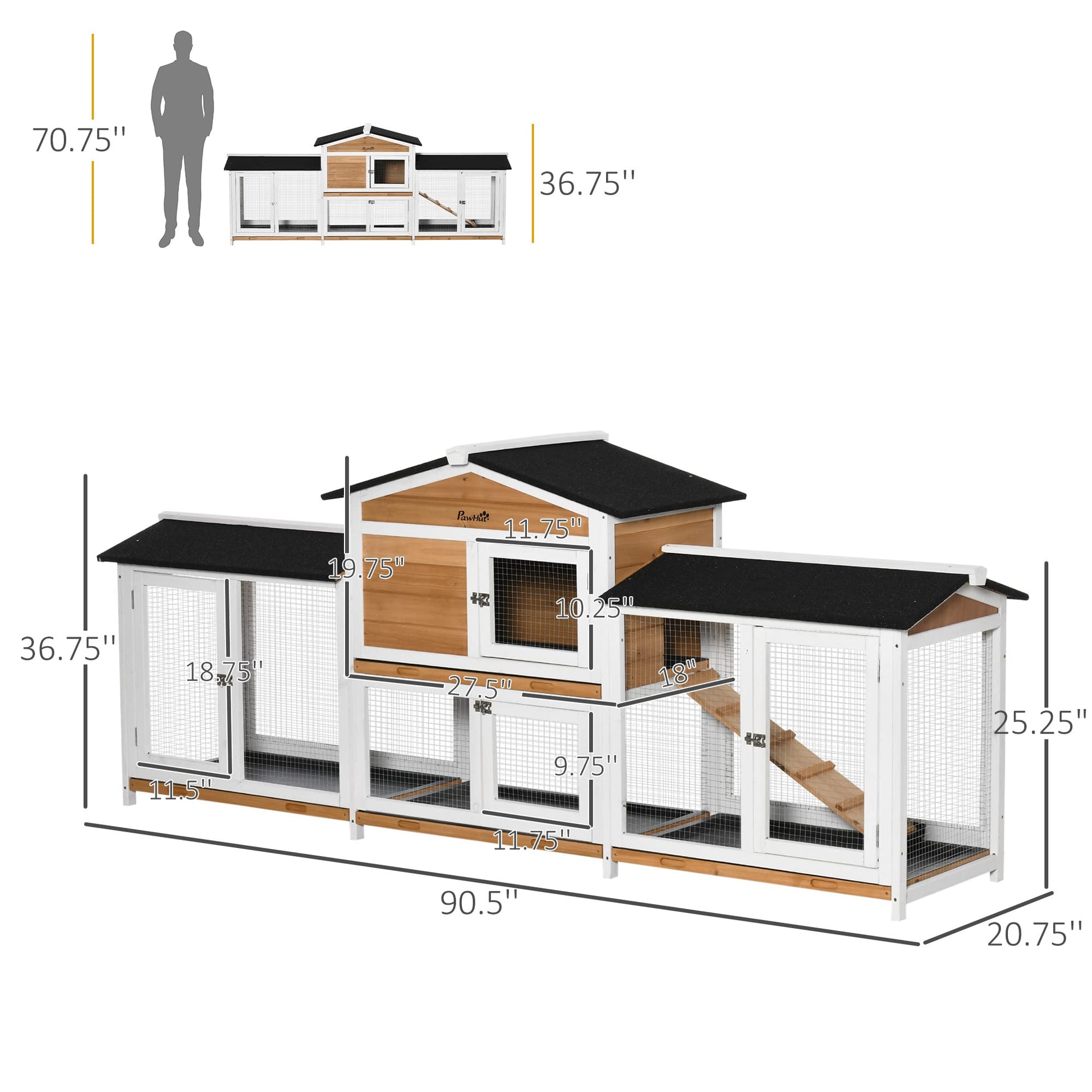 PawHut 90.5" Wooden Rabbit Hutch Bunny Cage Pet Playpen House Enclosure with Double Side Run Boxes, No Leak Tray, Ramp, for Guinea Pig and Small Animals, White - WoodArtSupply