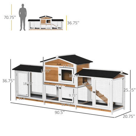 PawHut 90.5" Wooden Rabbit Hutch Bunny Cage Pet Playpen House Enclosure with Double Side Run Boxes, No Leak Tray, Ramp, for Guinea Pig and Small Animals, White PawHut