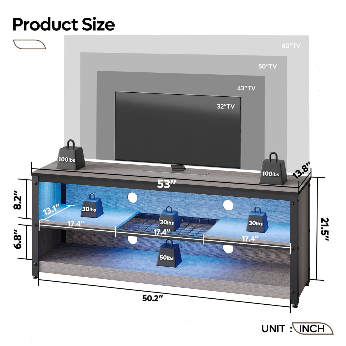 Bestier Gaming Entertainment Center for 50/55/60 Inch TV, LED TV Stand Cabinet with Adjustable Shelves, Wood Industrial TV Media Console Table with with Metal Frame for Living Room Bedroom, Gray Bestier