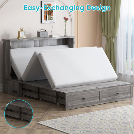 CECER Queen Size Murphy Bed with Tri-Folding Mattress，Murphy Bed with Charging Station and 2 Large Storage Drawers for Small Spaces/Bedroom（Grey） CECER