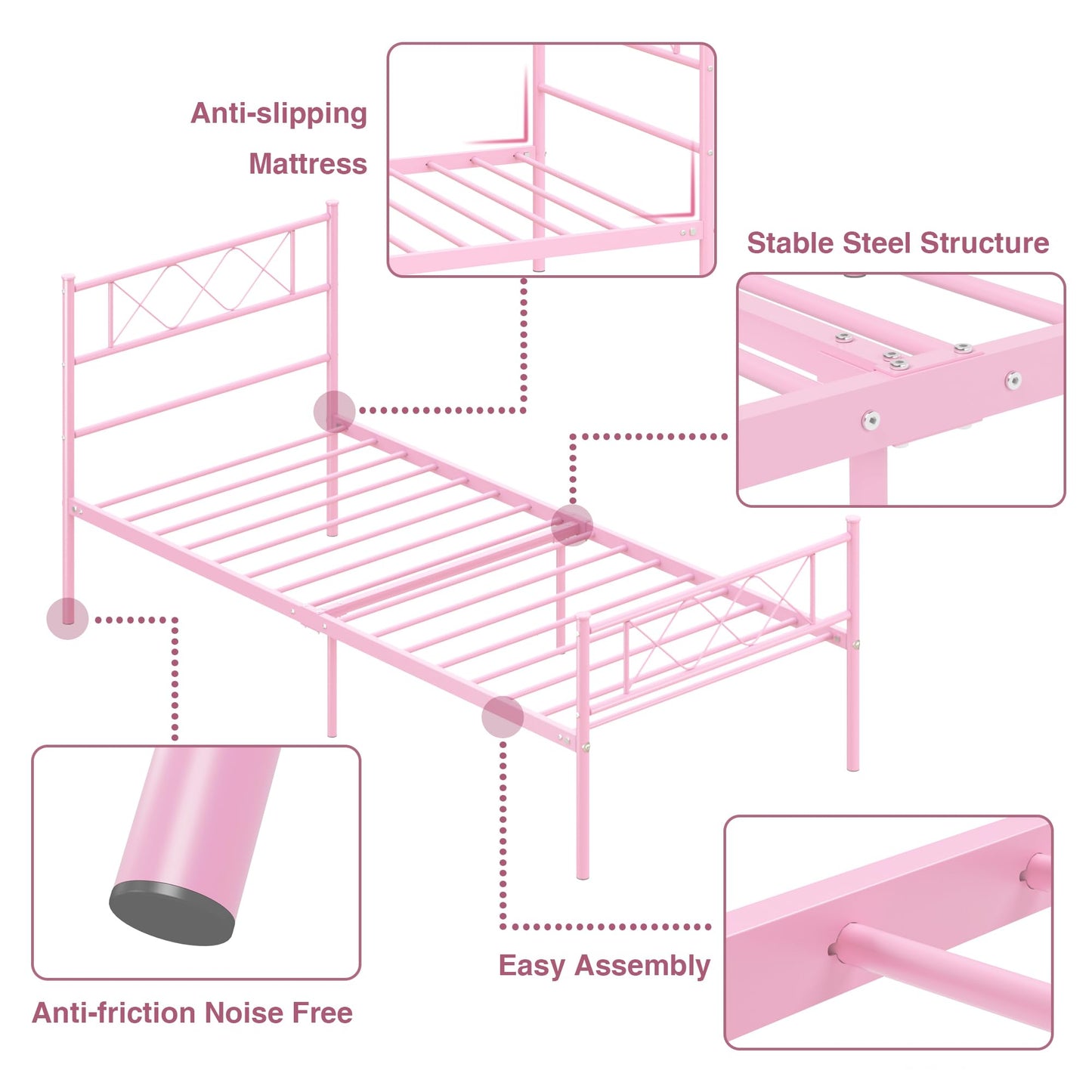 Weehom Twin Bed Frame, Metal Platform Bed Frame with Storage Bed for Kids Girls with Headboard Footboard No Box Spring Needed Pink