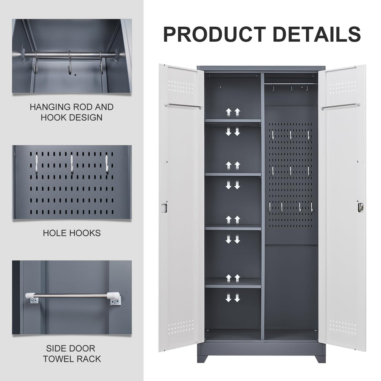 72.8"H Broom Closet Storage Cabinet, Utility Closet for Brooms and Mops, Cleaning Metal Storage Cabinet with Pegboard and Hanging Rod, Metal Cabinet with Doors and Adjustable Shelves，Garage，Grey-White SAFEFEVER