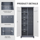 72.8"H Broom Closet Storage Cabinet, Utility Closet for Brooms and Mops, Cleaning Metal Storage Cabinet with Pegboard and Hanging Rod, Metal Cabinet with Doors and Adjustable Shelves，Garage，Grey-White SAFEFEVER