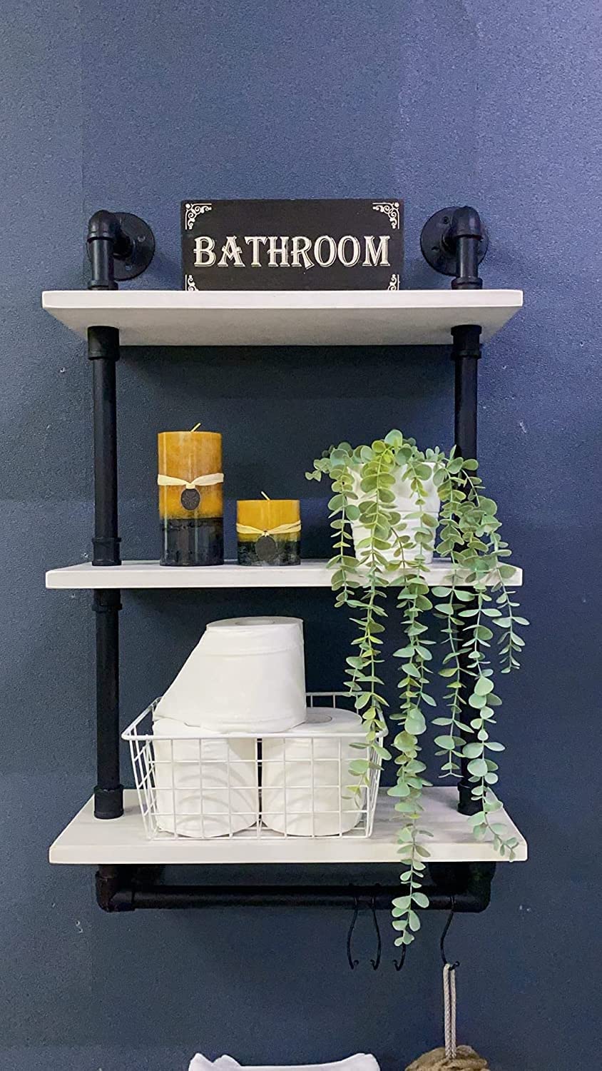 ROGMARS Industrial Pipe Shelving Bathroom Pipe Shelves with Towel Bar,3 Tier 24 inch Retro White Rustic Farmhouse Pipe Industrial Wall Shelves Bathroom Shelves Over Toilet for Storage - WoodArtSupply