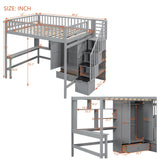 Full Loft Beds Stairway Loft Bed Frame with Wardrobe, Desk, Bookcase and Drawers, Gray Merax