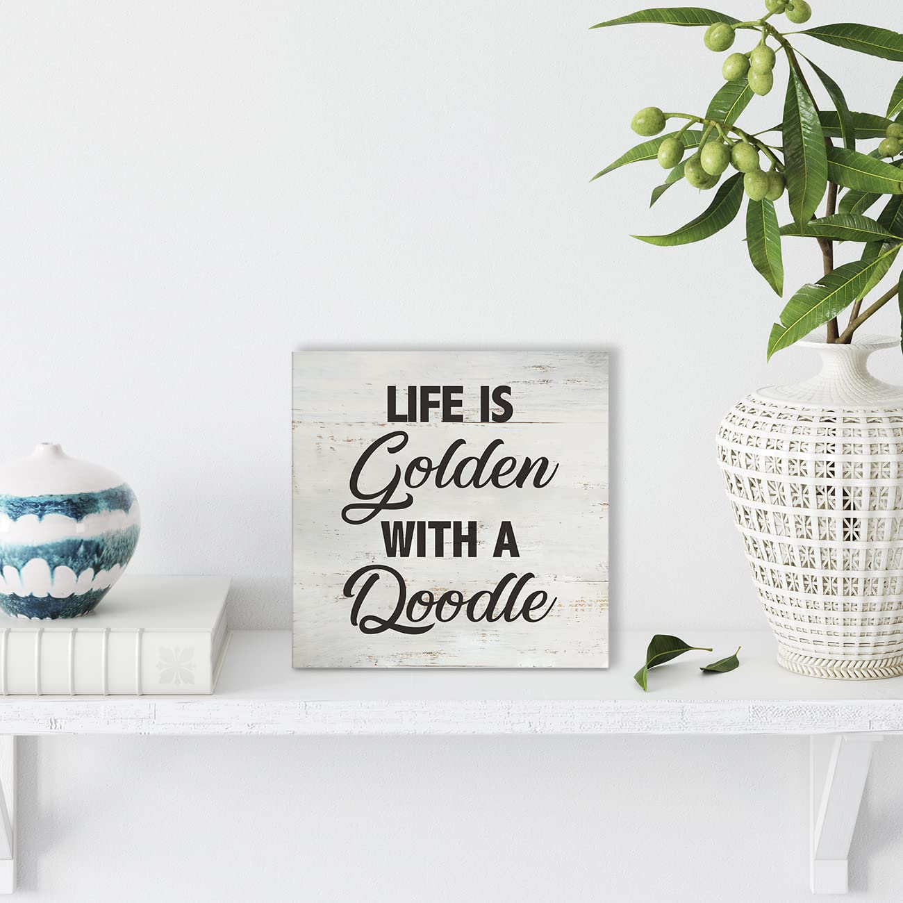 MAVOTEN Dog Quote Life is Golden with a Doodle Wood Box Sign Rusitc Pet Wooden Box Sign Farmhouse Home Living Room Desk Shelf Decor (5 X 5 Inch)