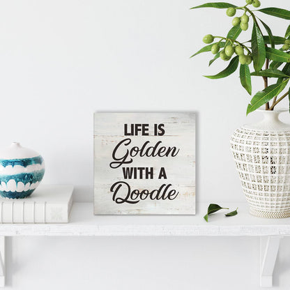 MAVOTEN Dog Quote Life is Golden with a Doodle Wood Box Sign Rusitc Pet Wooden Box Sign Farmhouse Home Living Room Desk Shelf Decor (5 X 5 Inch)