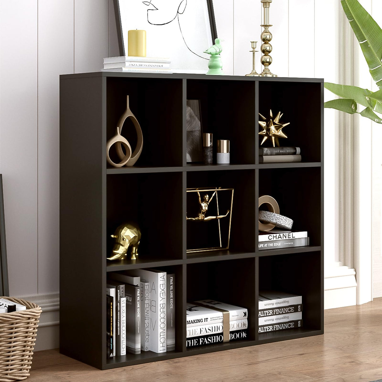 OSCHF Modern 9-Cube Wooden Storage Shelf - Stylish Black 3-Tier Bookcase for Home and Office OSCHF