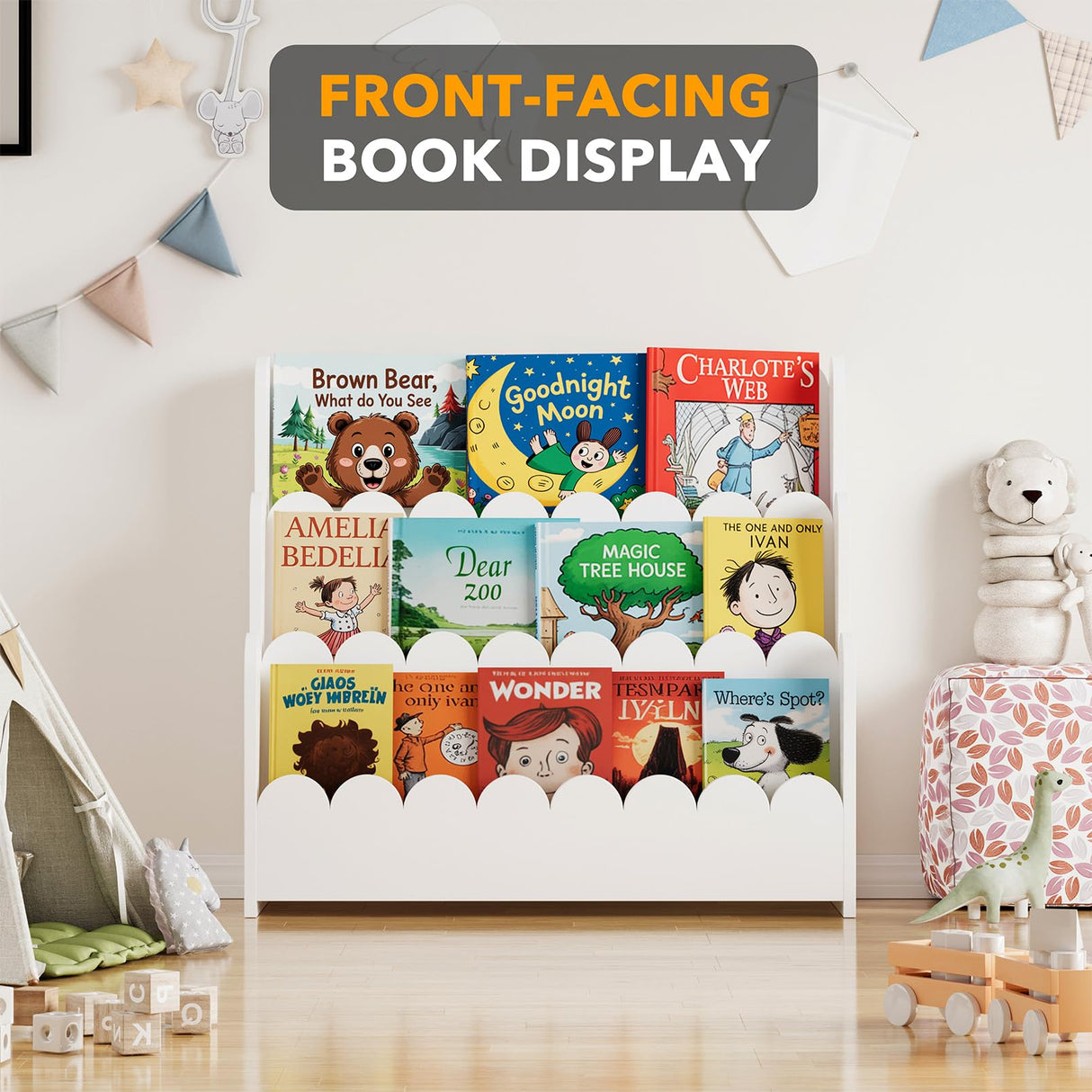 SpaceAid 3-Tier Scalloped Bookshelf, Montessori Bookcase for Toddlers, Wooden Book Shelf Organizer Display Furniture for Kids Rooms, Playroom, Nursery and Classroom, White SpaceAid