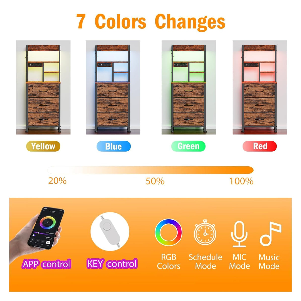 Furnulem Tall Night Stand with LED & USB Ports, 45.3inch Nightstand with Open Bookshelf, Bedside Table with 3 Fabric Drawers for Bedroom/Dorm/Office, Rustic Brown Wood-Metal Frame Furnulem