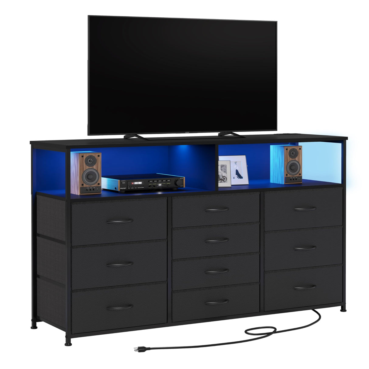 Unionly 55W 10-Drawers Dresser with 2 Open Storage Shelves, TV Stand Dresser for 55,65 inch TV，with Power Outlets and LED Lights, Fabric Dressers Drawers for Bedroom, Living Room (Black) Unionly