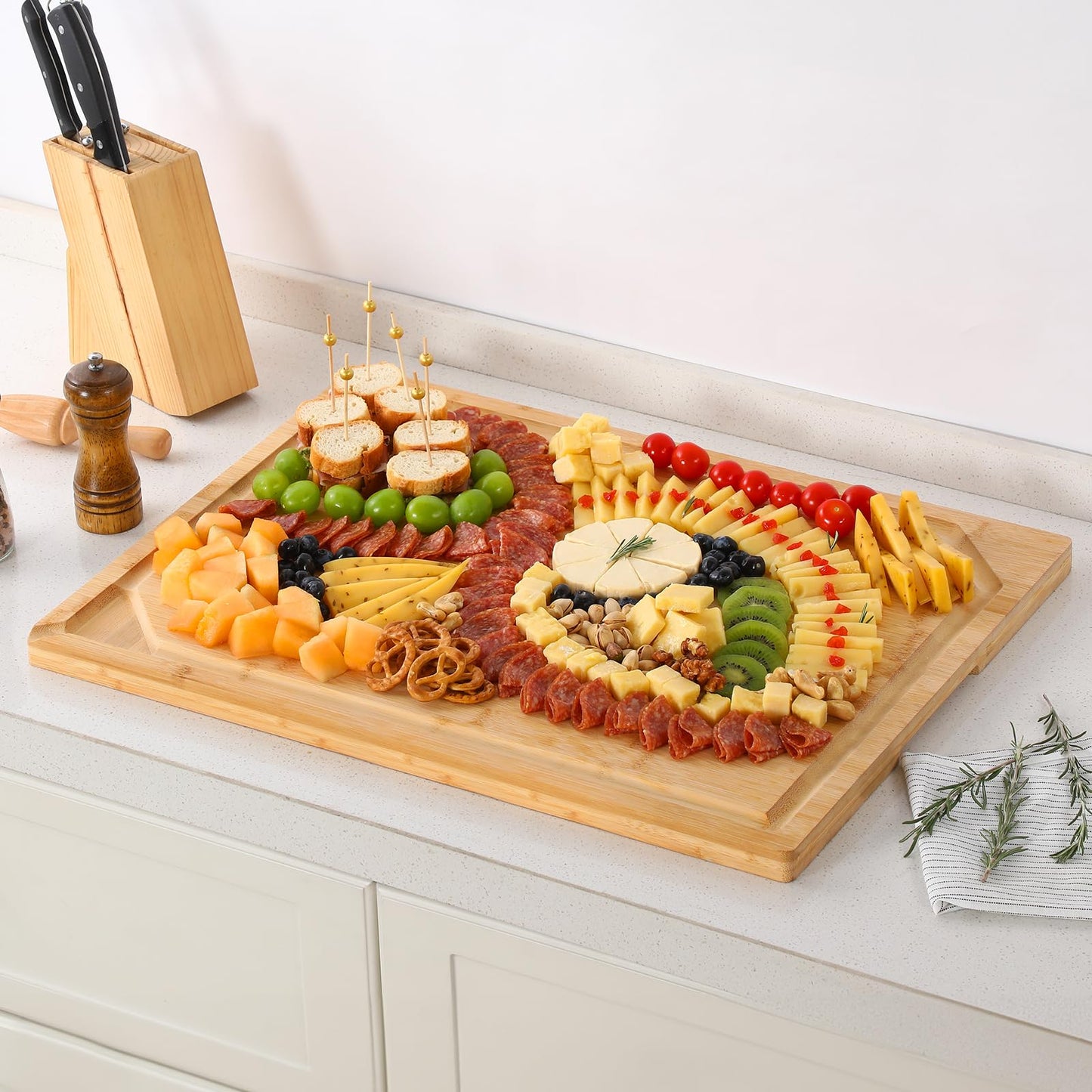 24 x 18 Extra Large Bamboo Serving Boards for Kitchen, Heavy Duty Wood Butcher Block Chopping Board with Handle and Juice Groove for Meat, Large Charcuterie Board, Over the Sink Cutting Board