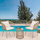 3-Piece Outdoor PE Rattan Bistro Furniture Set Patio Rattan Conversation Set Patio Furniture Set Glass Coffee Table Top and 2 Chairs with Cushions Lumbar Pillows for Yard Garden Porch Bistro, White PayLessHere