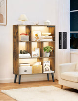 OUTONLIFE 7-Cube Bookshelf with LED Lights, Touch & Remote Control, Freestanding Open Bookcase Storage Shelf, Dimmable Modern Wooden Display Organizer with Legs for Living Room, Bedroom (Rustic Brown) OUTONLIFE