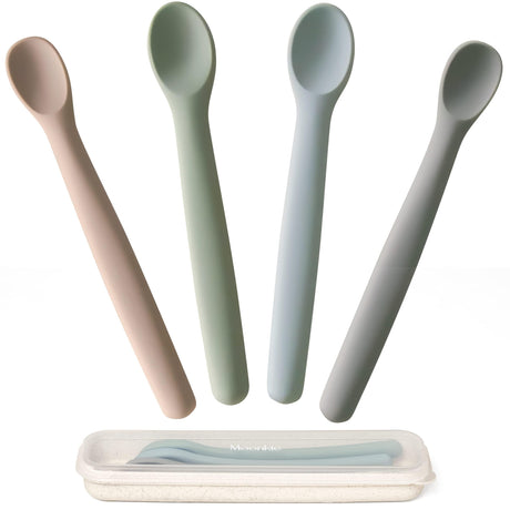 Moonkie Silicone Baby Spoons Set of 4, Two Sizes Feeding Spoon for First Stage 4+ Months, Baby Utensils with Case, Toddler Led Weaning Spoons, Bendable, Chewproof & Boil-proof Moonkie
