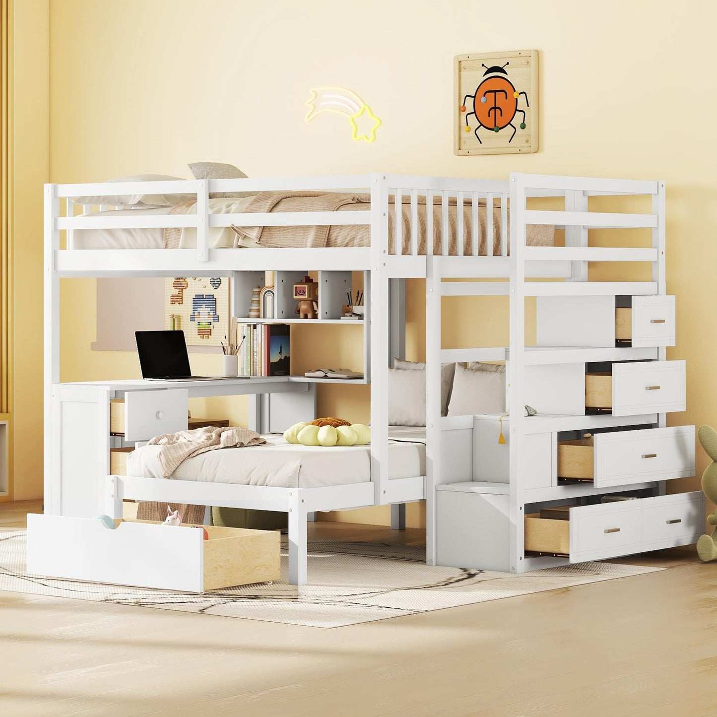 RuiSiSi Full Over Twin Bunk Beds with Stairs & Desk, Solid Wood Loft Bunk Bed with Storage Stairs Shelves and Drawers, Stairway Bunk Bed with Desk and Bookcase for Kids Teens Adults, White