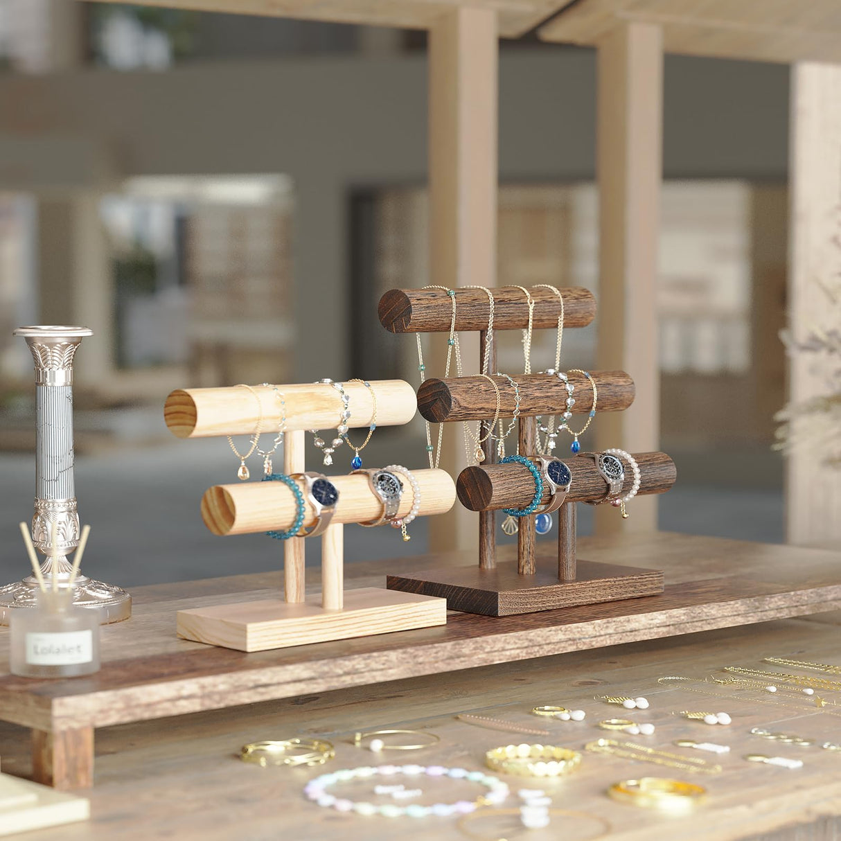 ProCase Bracelet Holder Display Bracelet Organizer, Wooden Bracelet Stand for Selling, T-bar Bangle Storage Rack Wood Watch Display Tower for Business - 2 Tier, Nature ProCase