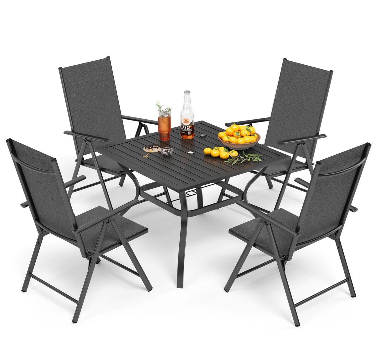PHI VILLA 5 Pcs Patio Dining Set with Patio Table and Chairs, Outdoor Dining Set for 4 with Adjustable Patio Folding Chairs & Square Patio Dining Table with 1.57" Umbrella Hole, Black PHI VILLA