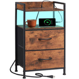 Somdot 2 Drawers Dresser with Charging Station and LED Light for Bedroom, Small Nightstand with Fabric Bins for Bedside Kids Dorm Room Closet Laundry Entryway, Wood Grain Print Somdot