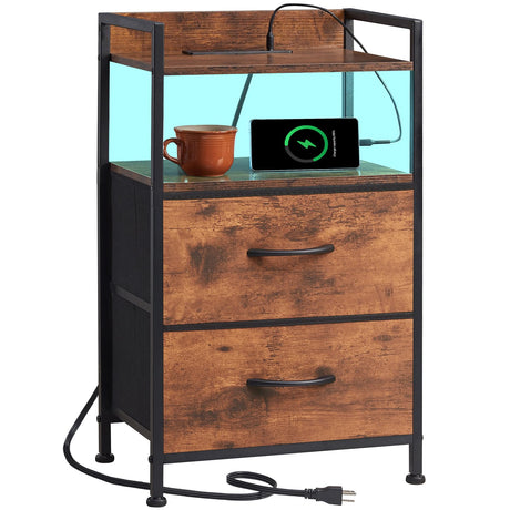 Somdot 2 Drawers Dresser with Charging Station and LED Light for Bedroom, Small Nightstand with Fabric Bins for Bedside Kids Dorm Room Closet Laundry Entryway, Wood Grain Print Somdot